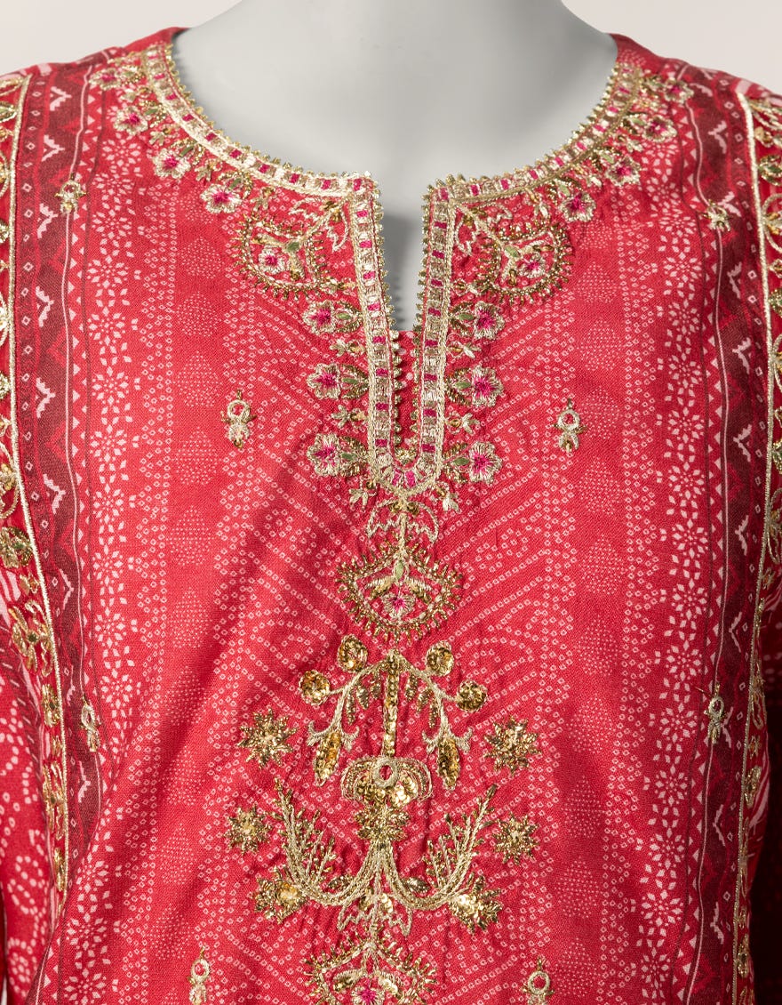 PINK COTTON SILK EMBROIDERED STITCHED 3PC