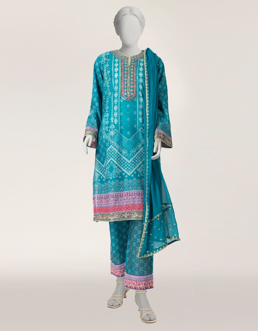 TEAL BLUE COTTON SILK EMBROIDERED STITCHED 3PC