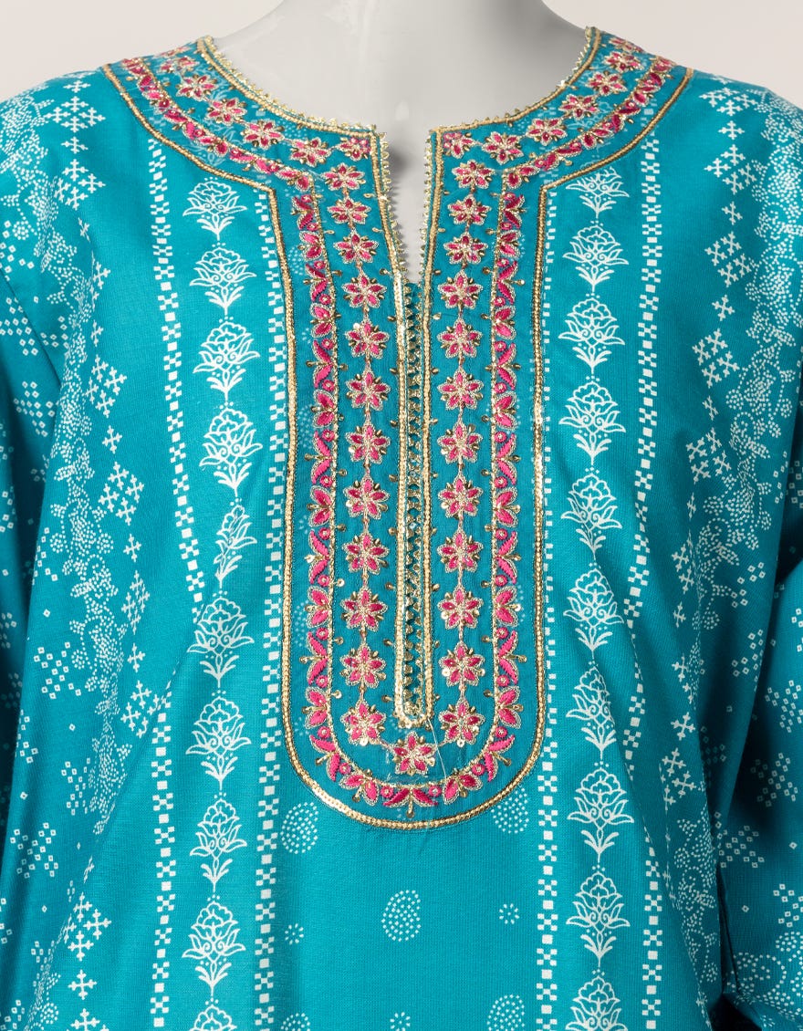 TEAL BLUE COTTON SILK EMBROIDERED STITCHED 3PC