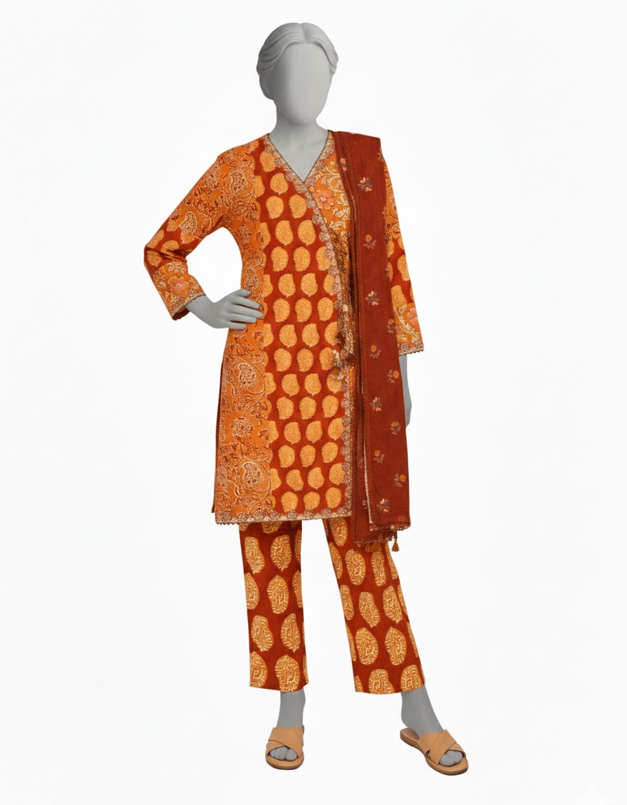 ORANGE LAWN EMBROIDERED STITCHED 3PC