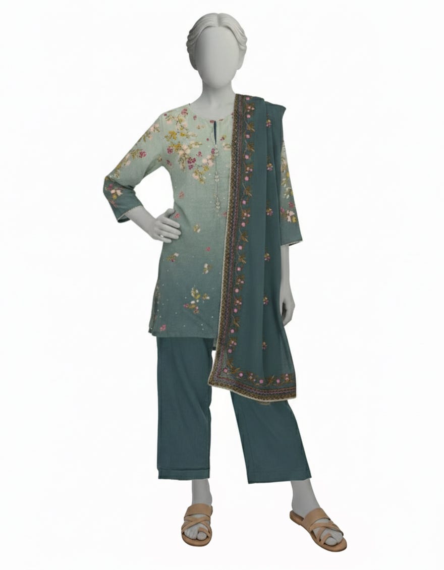 BLUE MAPLE SILK EMBROIDERED STITCHED 3PC