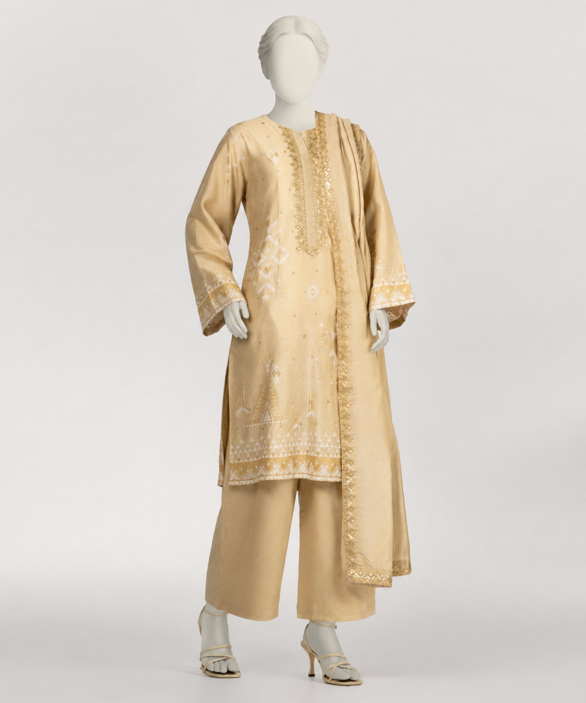 BEIGE COTTON SILK EMBROIDERED STITCHED 3PC