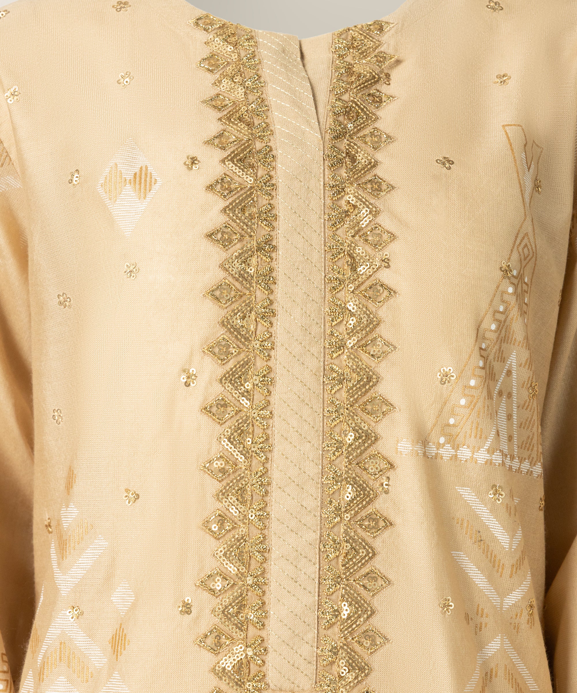 BEIGE COTTON SILK EMBROIDERED STITCHED 3PC