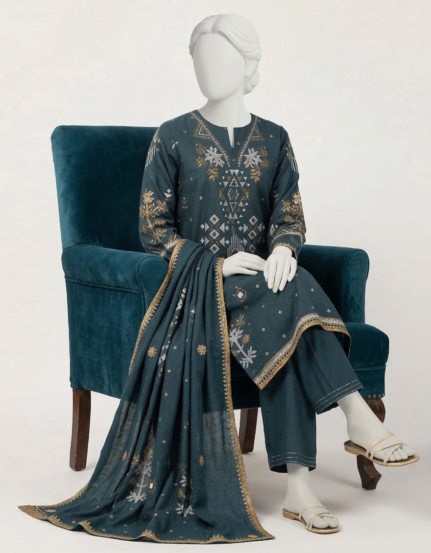 TEAL COTTON SILK EMBROIDERED STITCHED 3PC