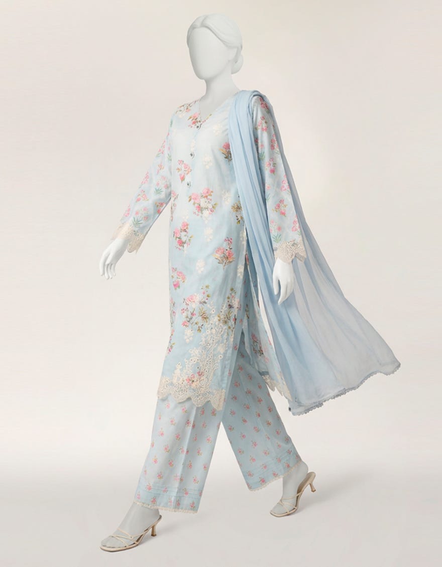 BLUE LAWN SILK SCHIFFLI STITCHED 3PC