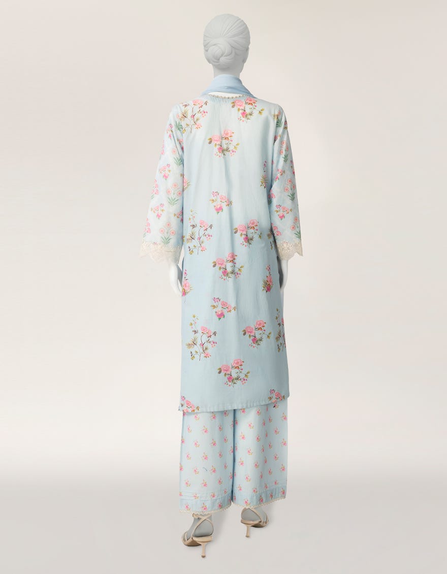 BLUE LAWN SILK SCHIFFLI STITCHED 3PC
