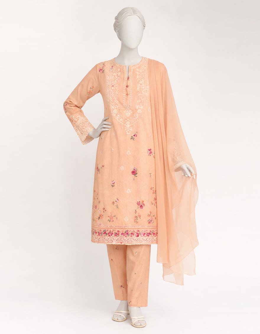 PEACH LAWN SILK SCHIFFLI STITCHED 3PC