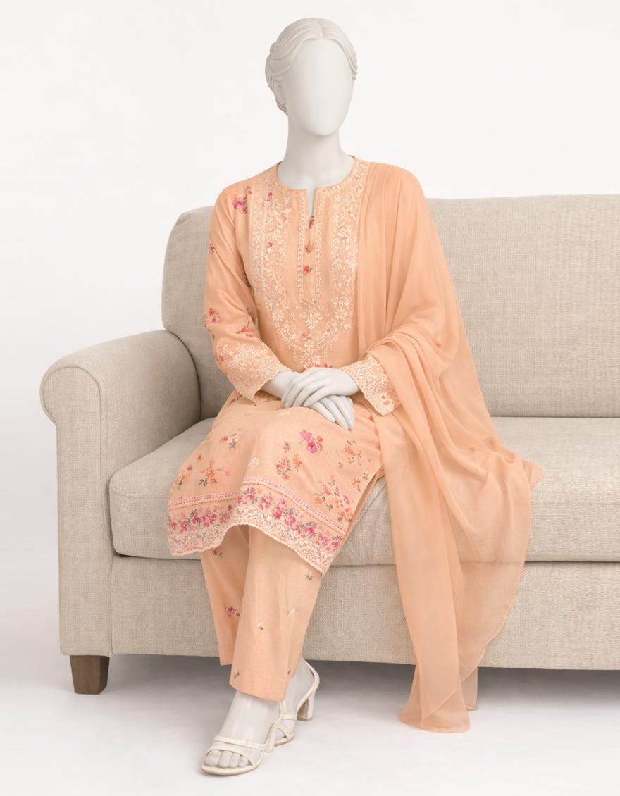 PEACH LAWN SILK SCHIFFLI STITCHED 3PC