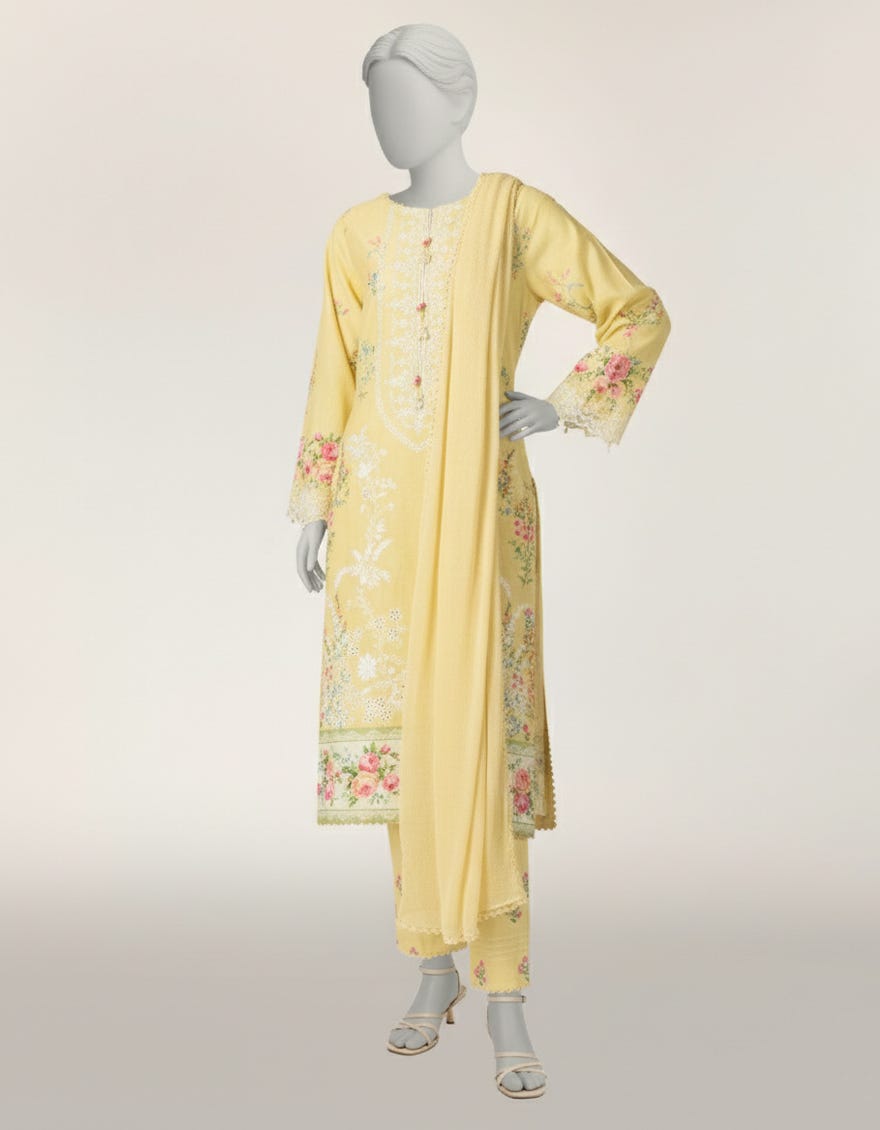 YELLOW LAWN SILK SCHIFFLI STITCHED 3PC