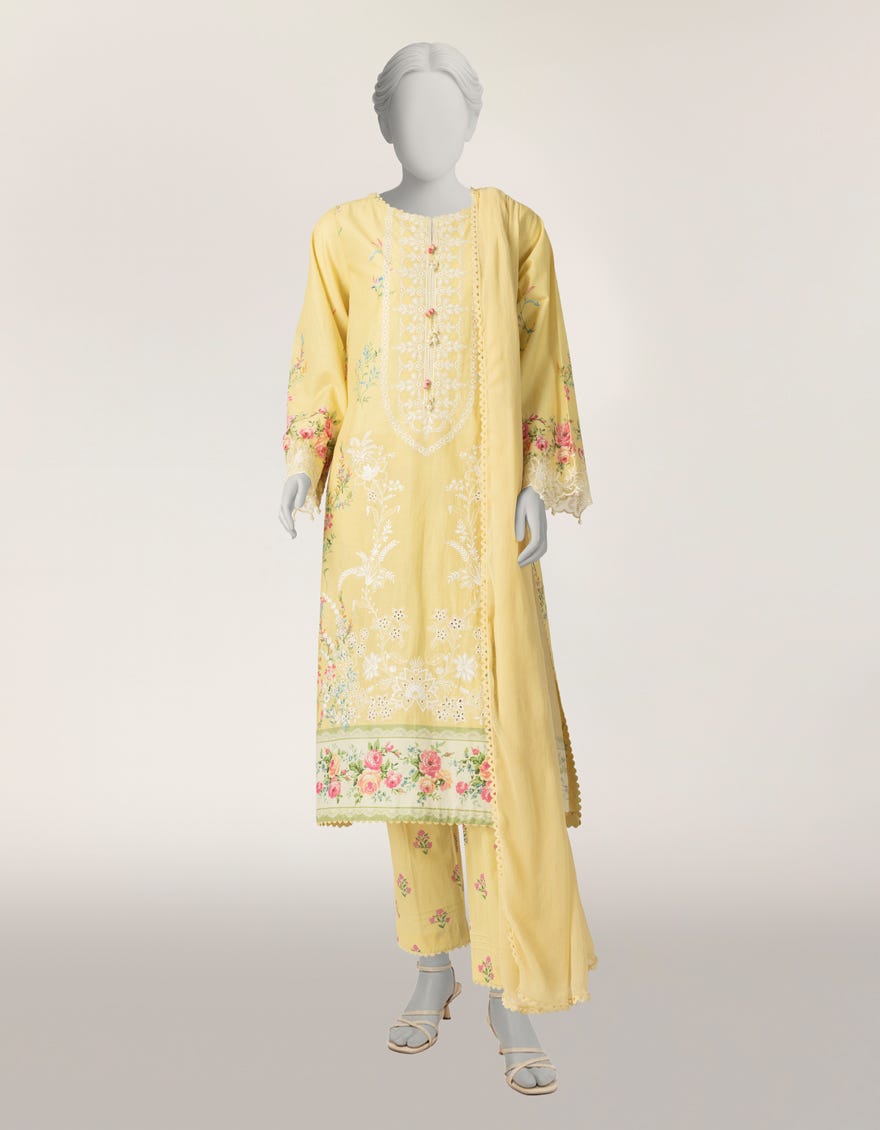 YELLOW LAWN SILK SCHIFFLI STITCHED 3PC