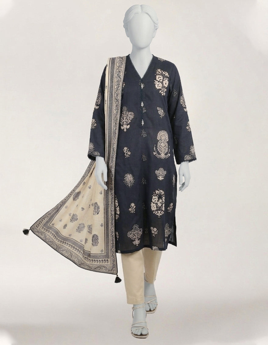 BLUE LAWN PRINTED STITCHED 3PC
