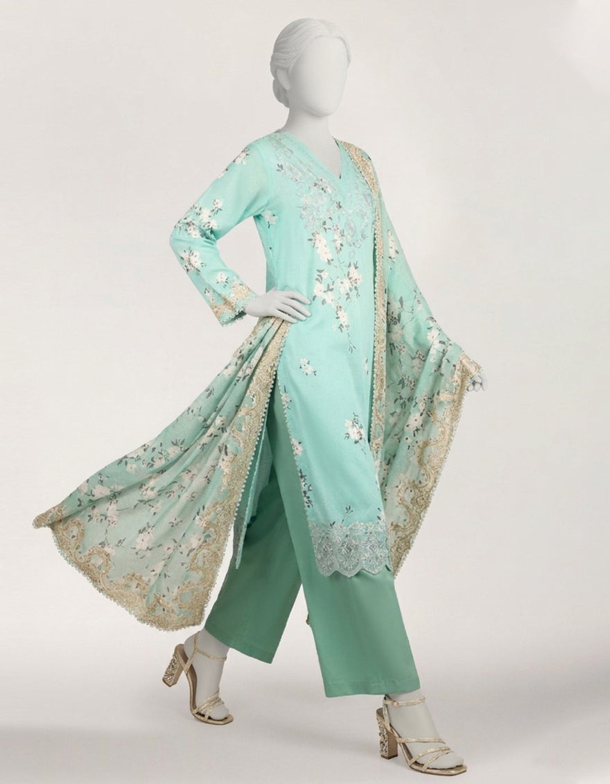 SEA GREEN EMBROIDERED STITCHED 3PC