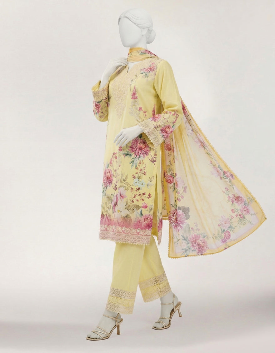 YELLOW LAWN EMBROIDERED STITCHED 3PC