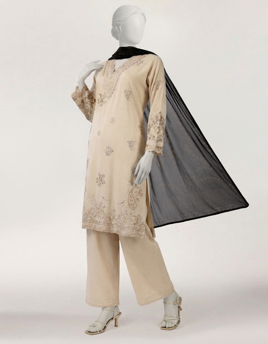 BEIGE RAW SILK EMBROIDERED STITCHED 3PC