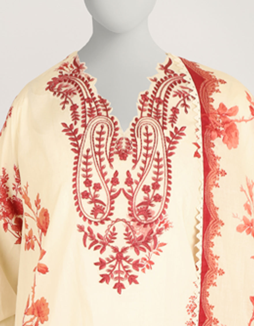 CREAM LAWN EMBROIDERED STITCHED 3PC