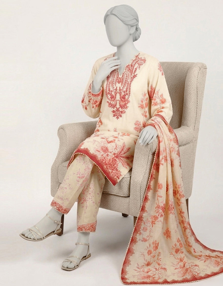 CREAM LAWN EMBROIDERED STITCHED 3PC