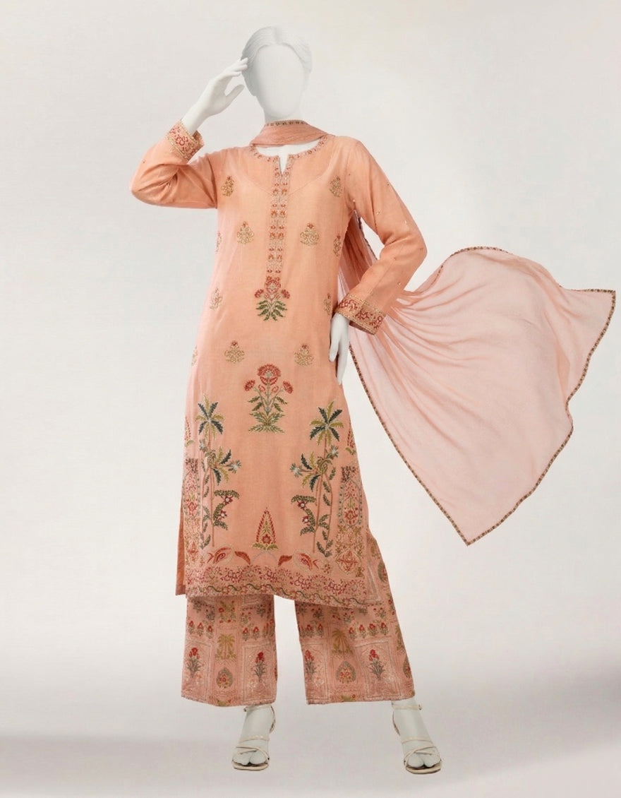 PEACH MAPLE SILK EMBROIDERED STITCHED 3PC