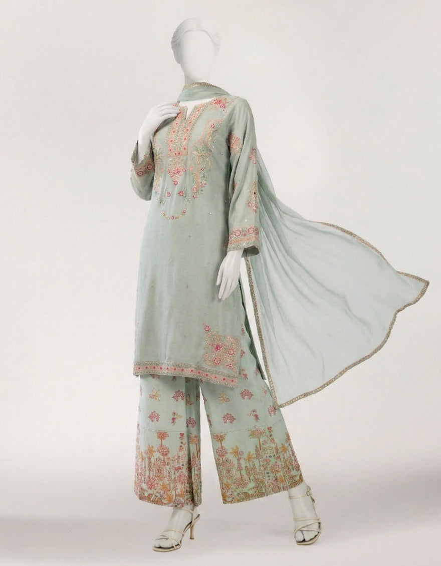 GREEN MAPLE SILK EMBROIDERED STITCHED 3PC