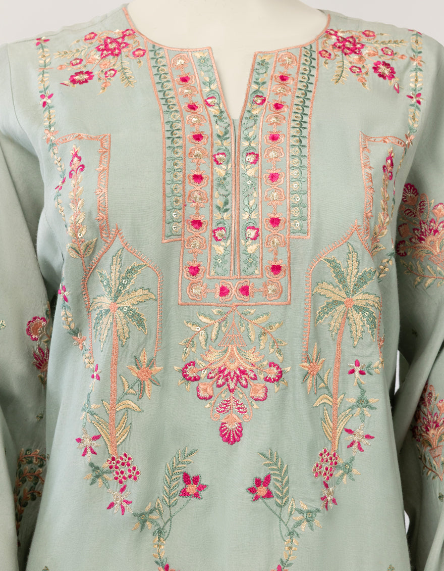 GREEN MAPLE SILK EMBROIDERED STITCHED 3PC