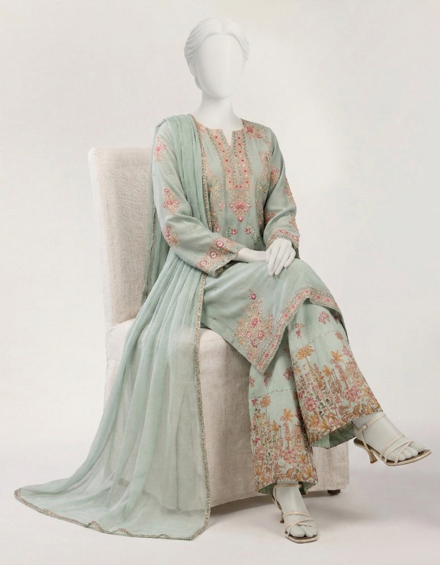 GREEN MAPLE SILK EMBROIDERED STITCHED 3PC