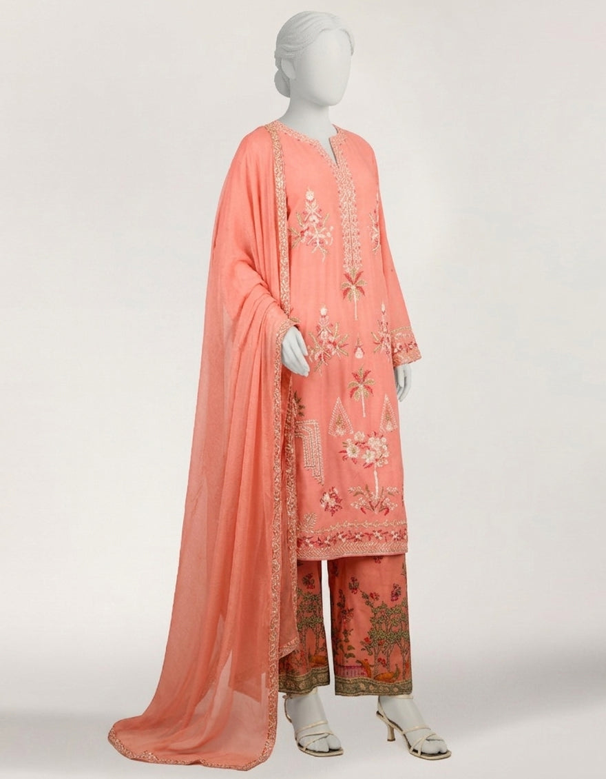 PINK MAPLE SILK EMBROIDERED STITCHED 3PC