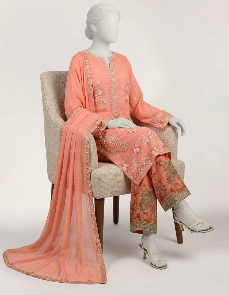 PINK MAPLE SILK EMBROIDERED STITCHED 3PC