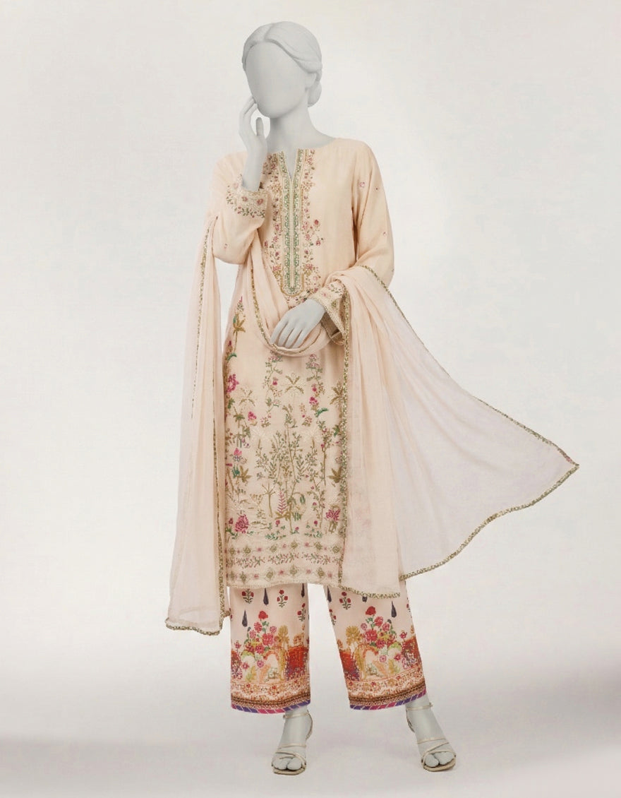 CREAM MAPLE SILK EMBROIDERED STITCHED 3PC