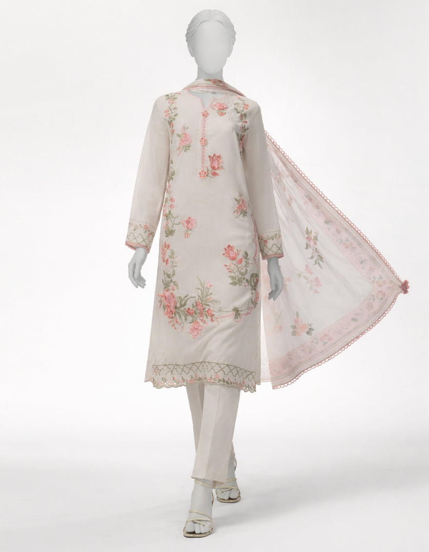 OFF WHITE JACQUARD EMBROIDERED STITCHED 3PC