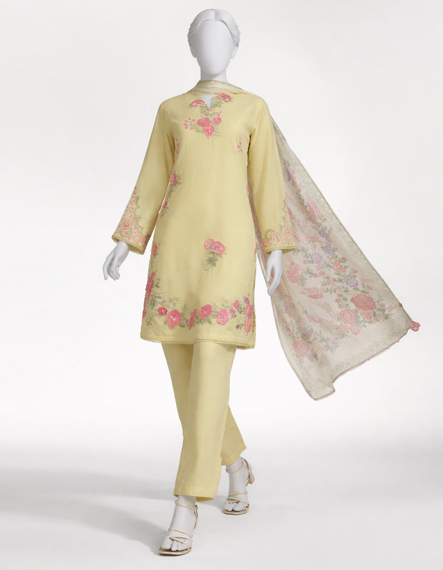 YELLOW JACQUARD EMBROIDERED STITCHED 3PC