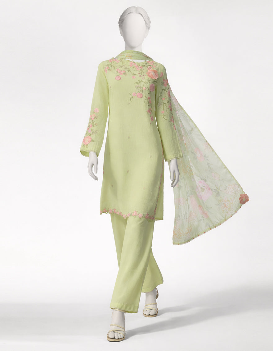 GREEN JACQUARD EMBROIDERED STITCHED 3PC