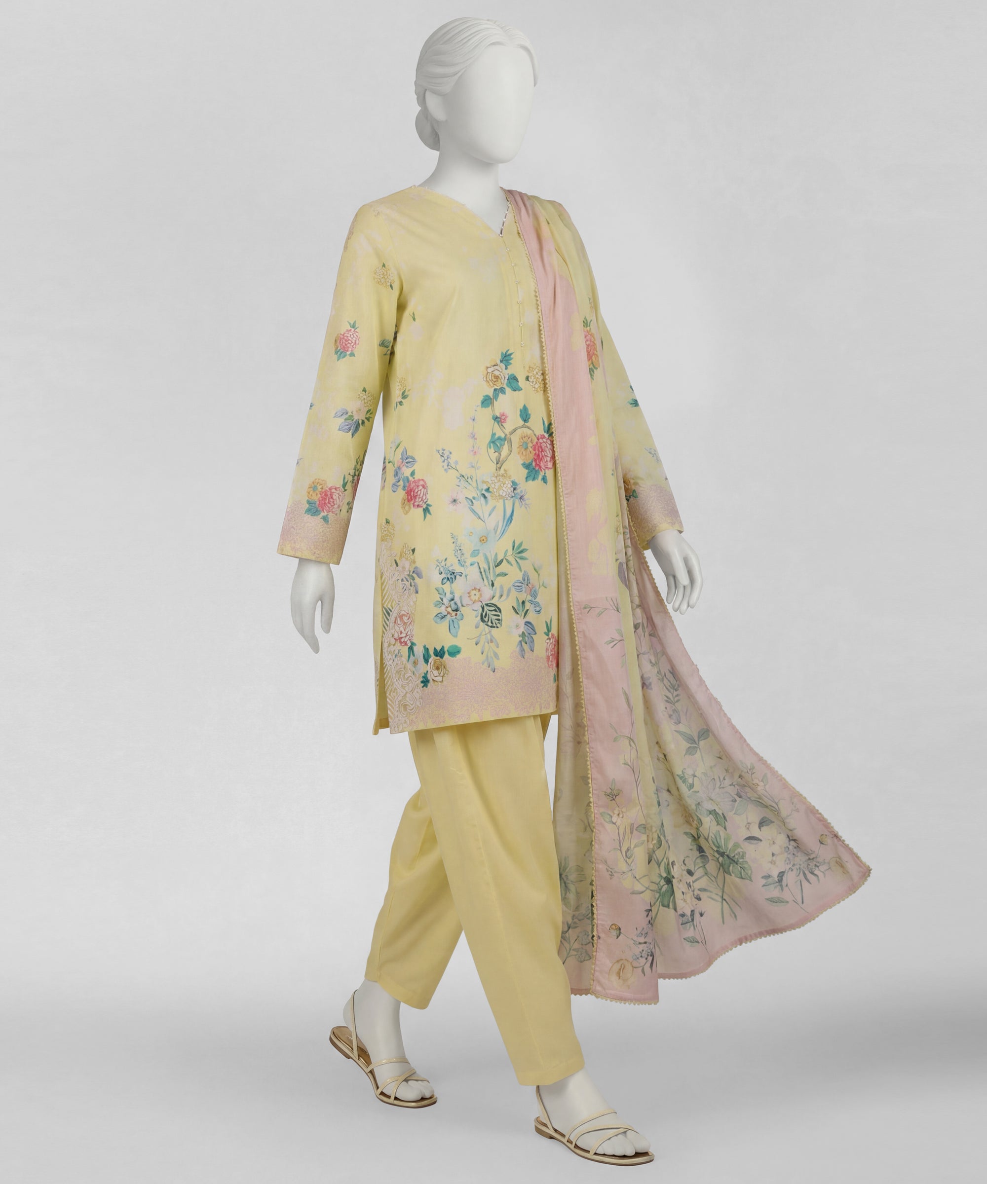 Yellow Lawn Embroidered Stitched 3Pc