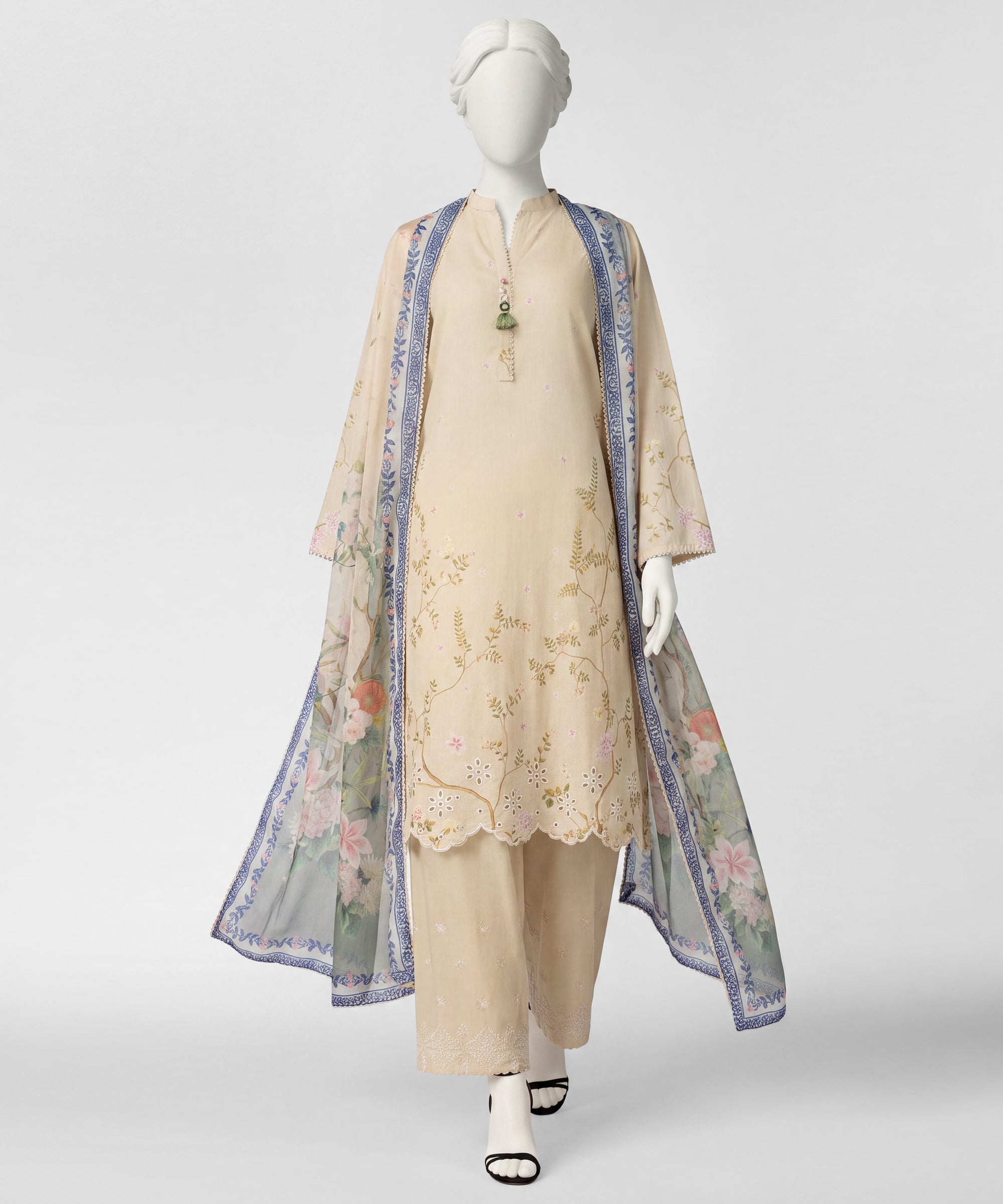 Beige Embroidered Lawn Stitched 3Pc