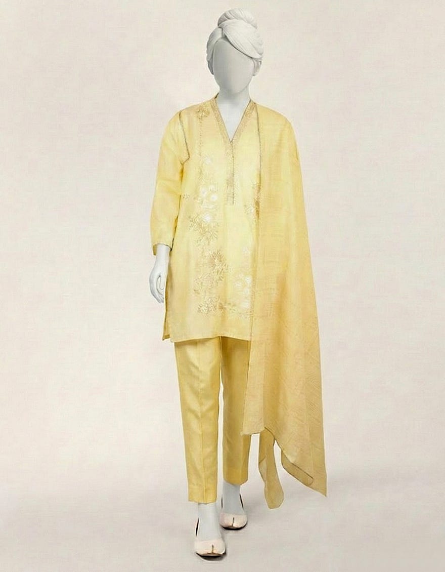 YELLOW LAWN EMBROIDERED STITCHED 3PC