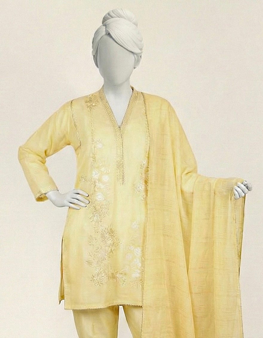 YELLOW LAWN EMBROIDERED STITCHED 3PC