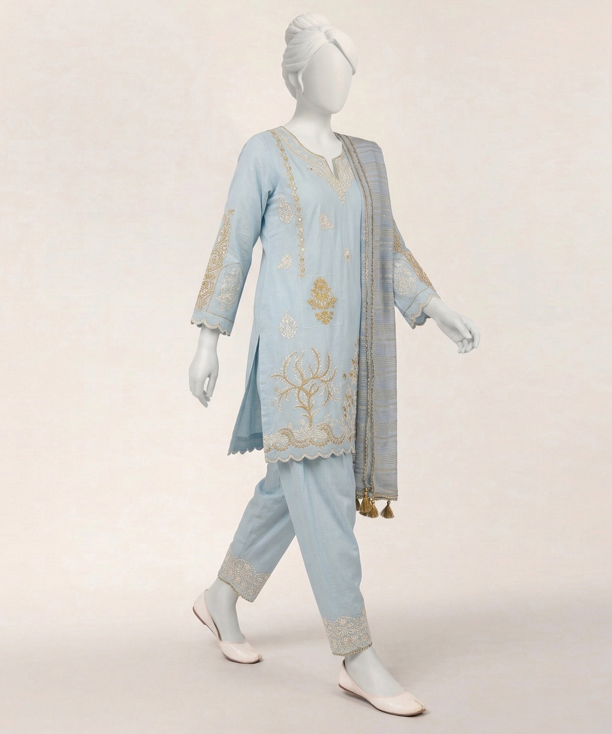 BLUE LAWN EMBROIDERED STITCHED 3PC