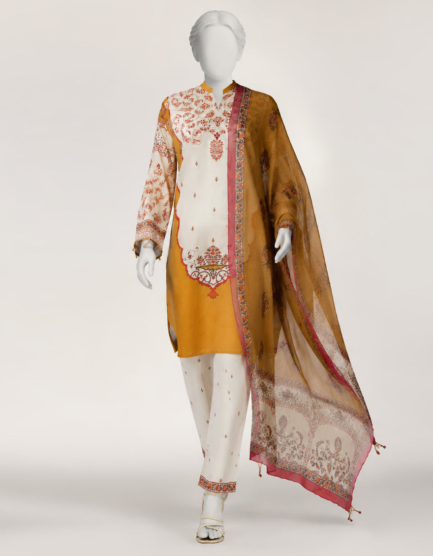 OFF WHITE COTTON VISCOSE EMBROIDERED STITCHED 3PC