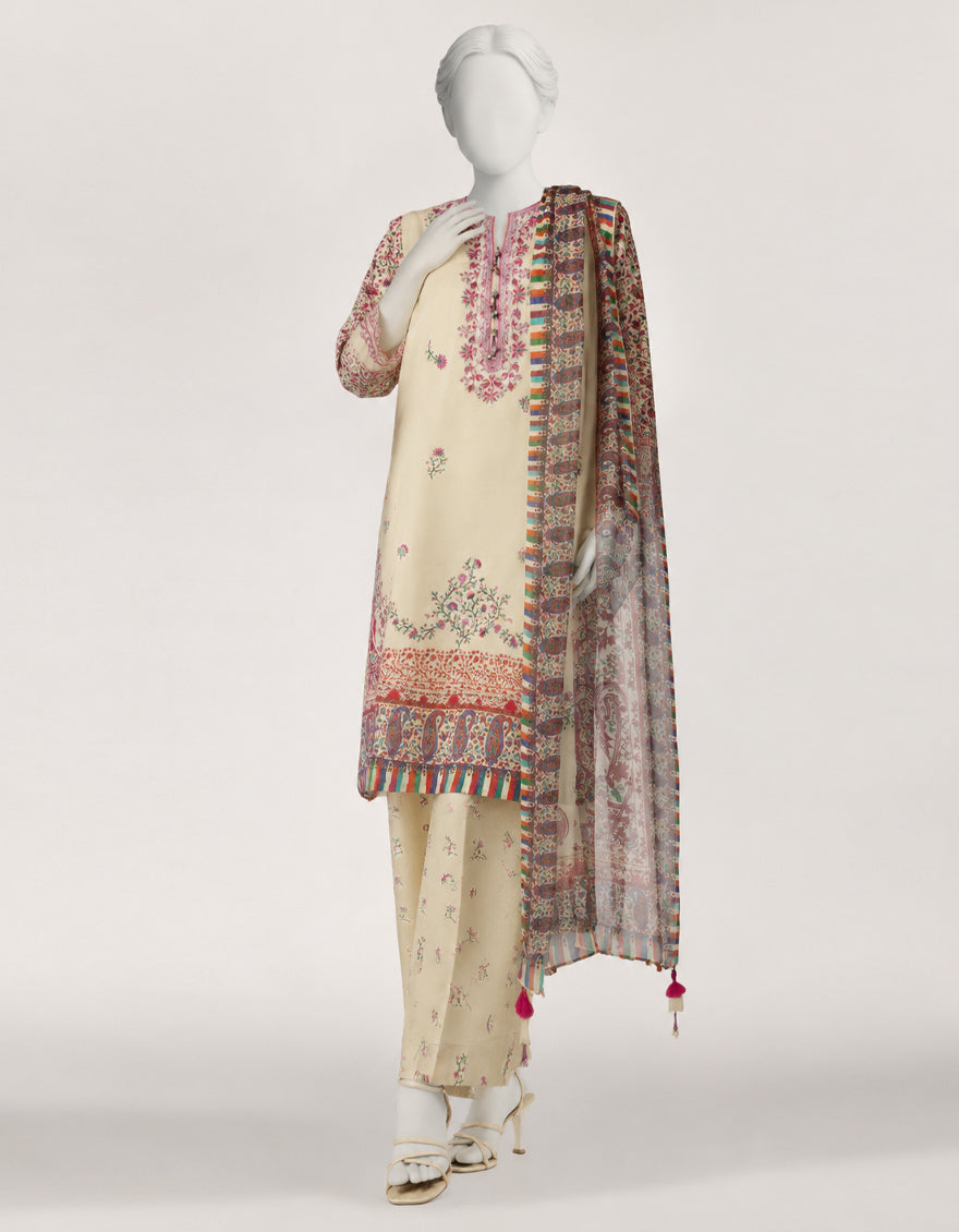 GREEN COTTON VISCOSE EMBROIDERED STITCHED 3PC