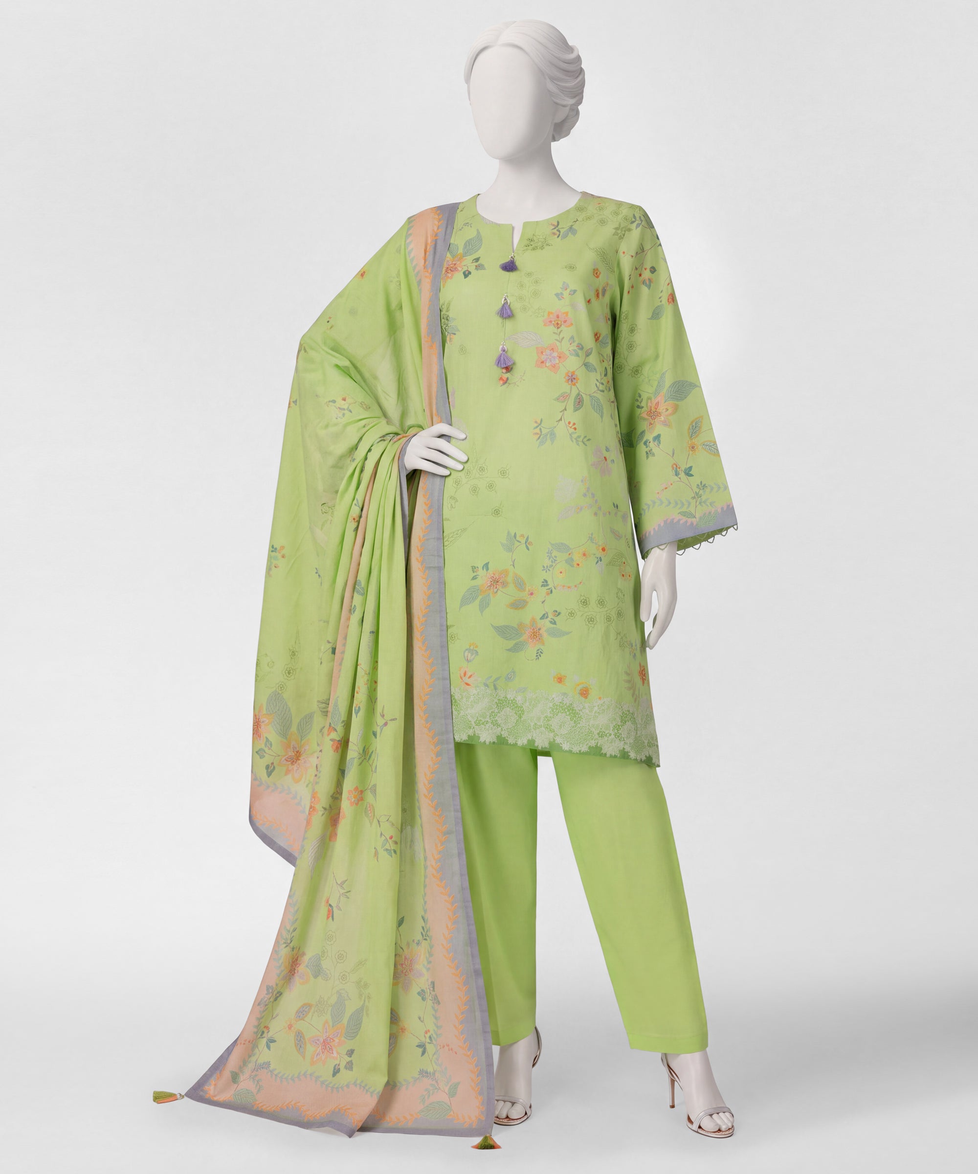 Light Green Cambric Digital Printed Stitched 3Pc