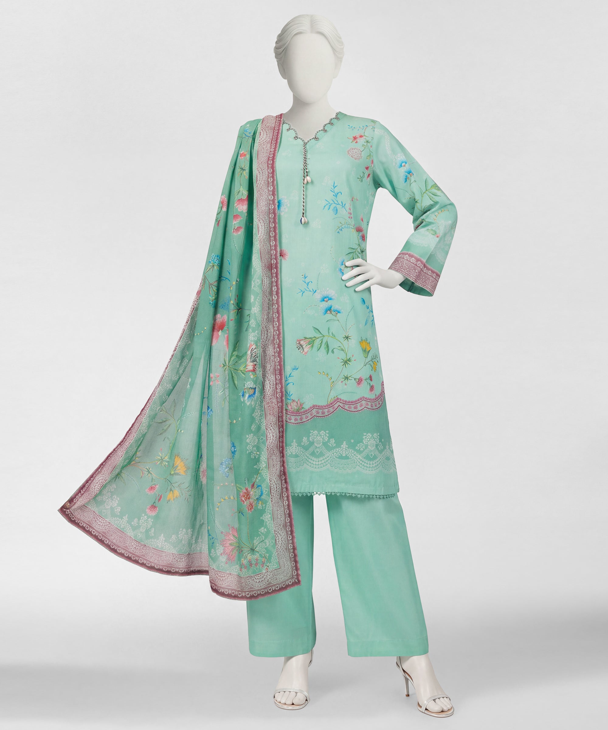Green Cambric Digital Printed Stitched 3Pc