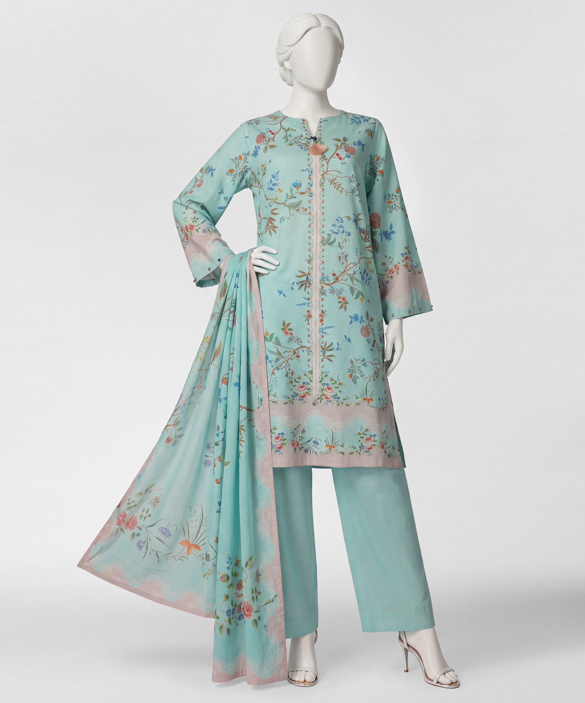 Aqua Blue Cambric Digital Printed Stitched 3Pc