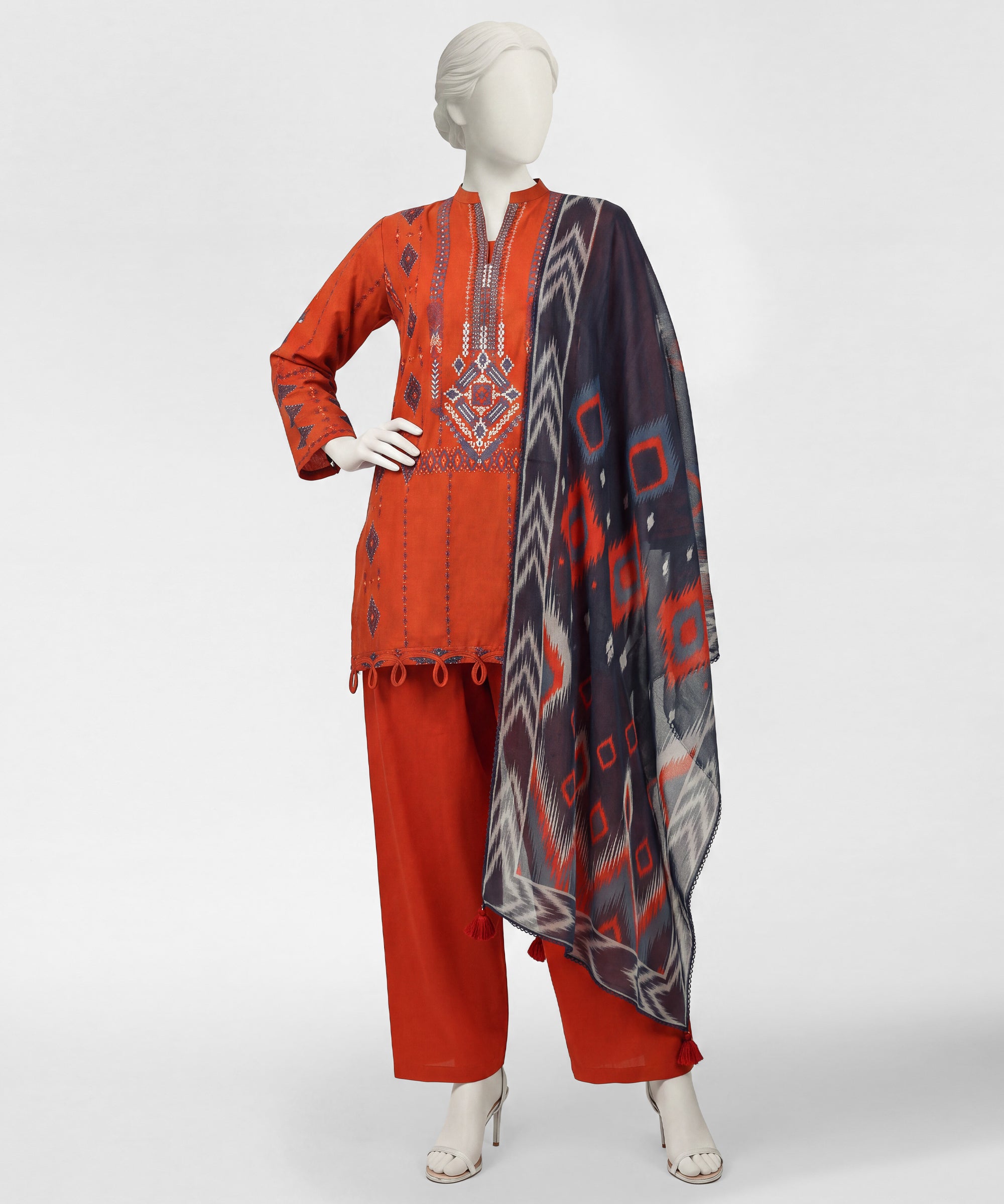 Orange Cambric Embroidered Stitched 3Pc