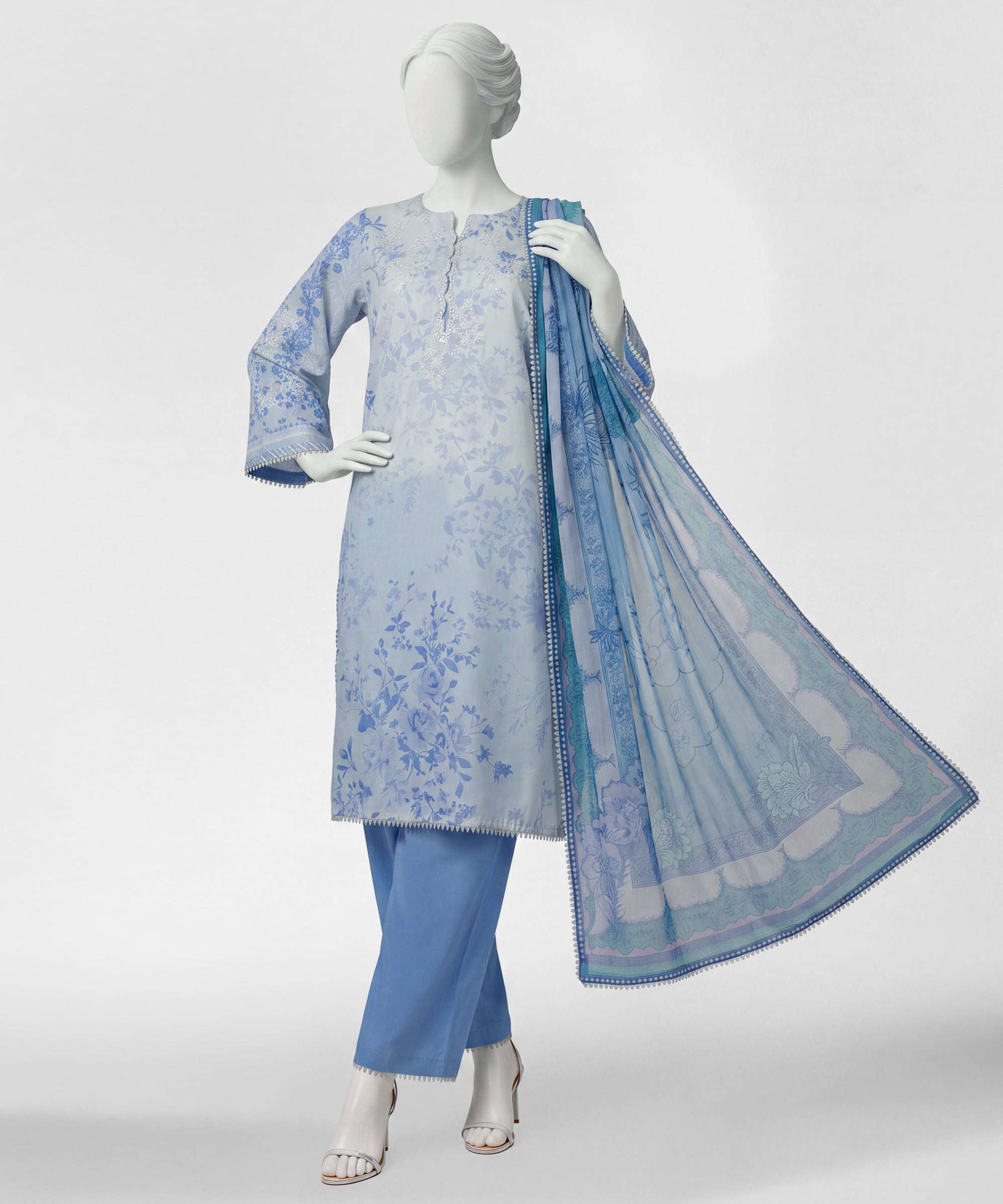 Light Blue Cotton Viscose Embroidered Stitched 3Pc