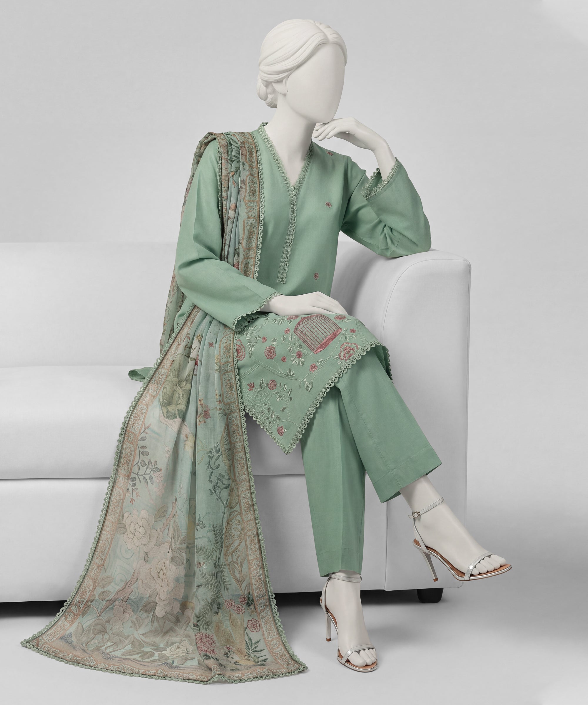 Sea Green Embroidered Liminal Stitched 3Pc