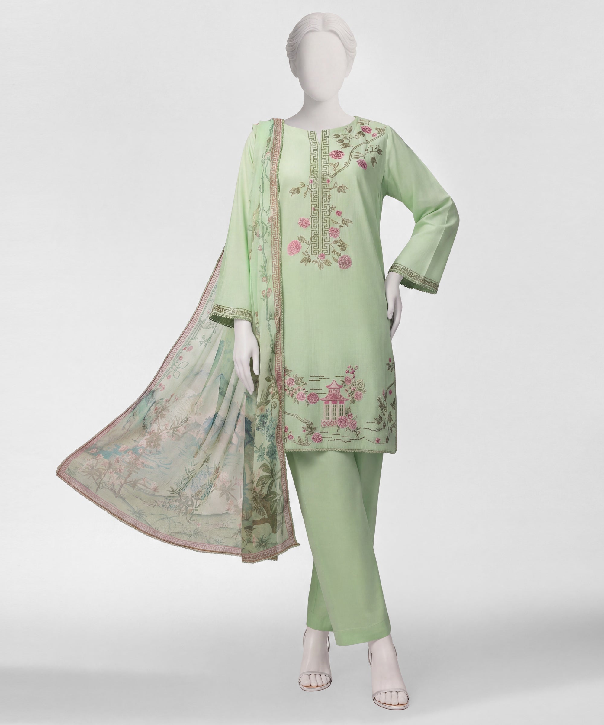 Green Embroidered Liminal Stitched 3Pc