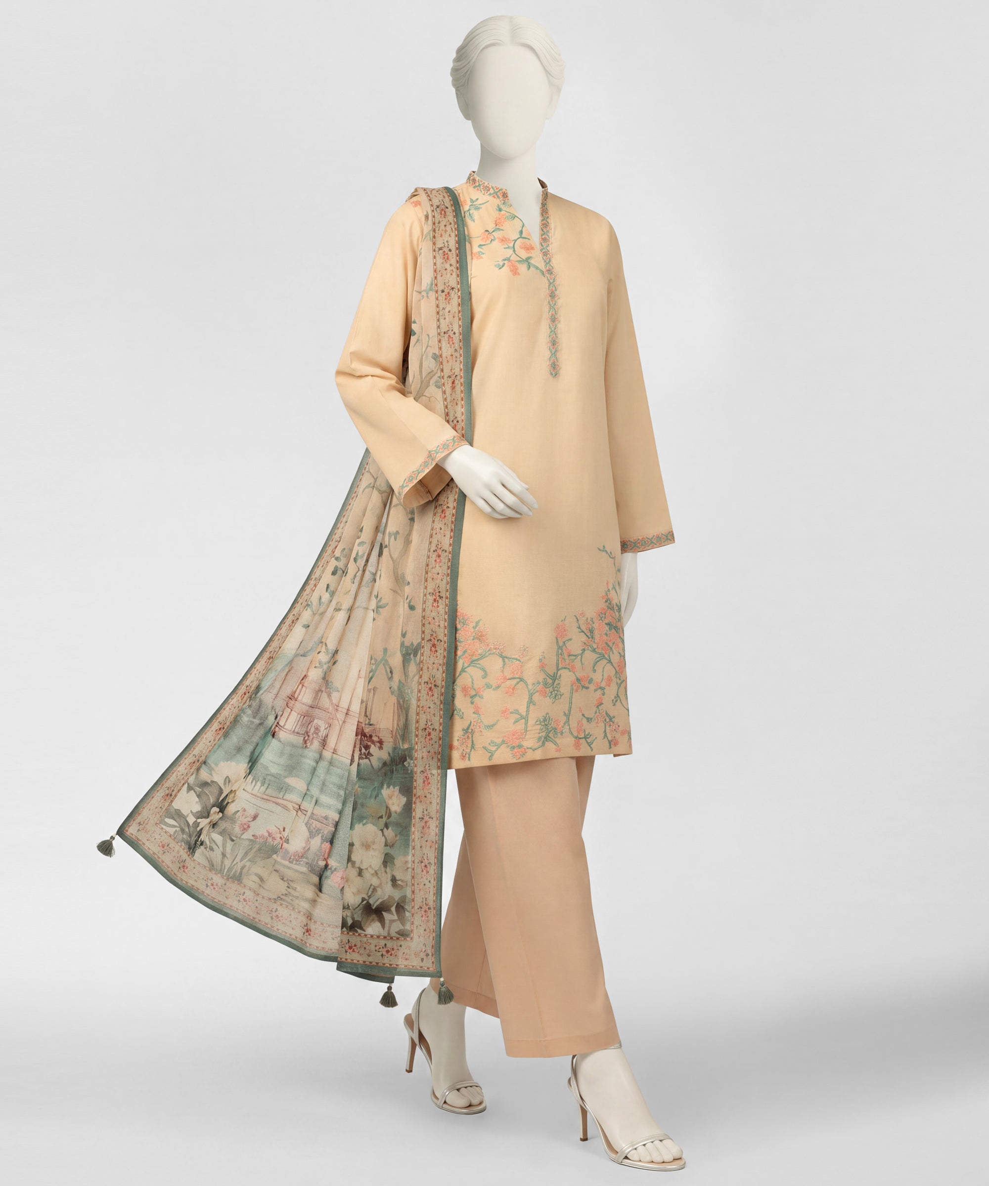 Beige Embroidered Liminal Stitched 3Pc