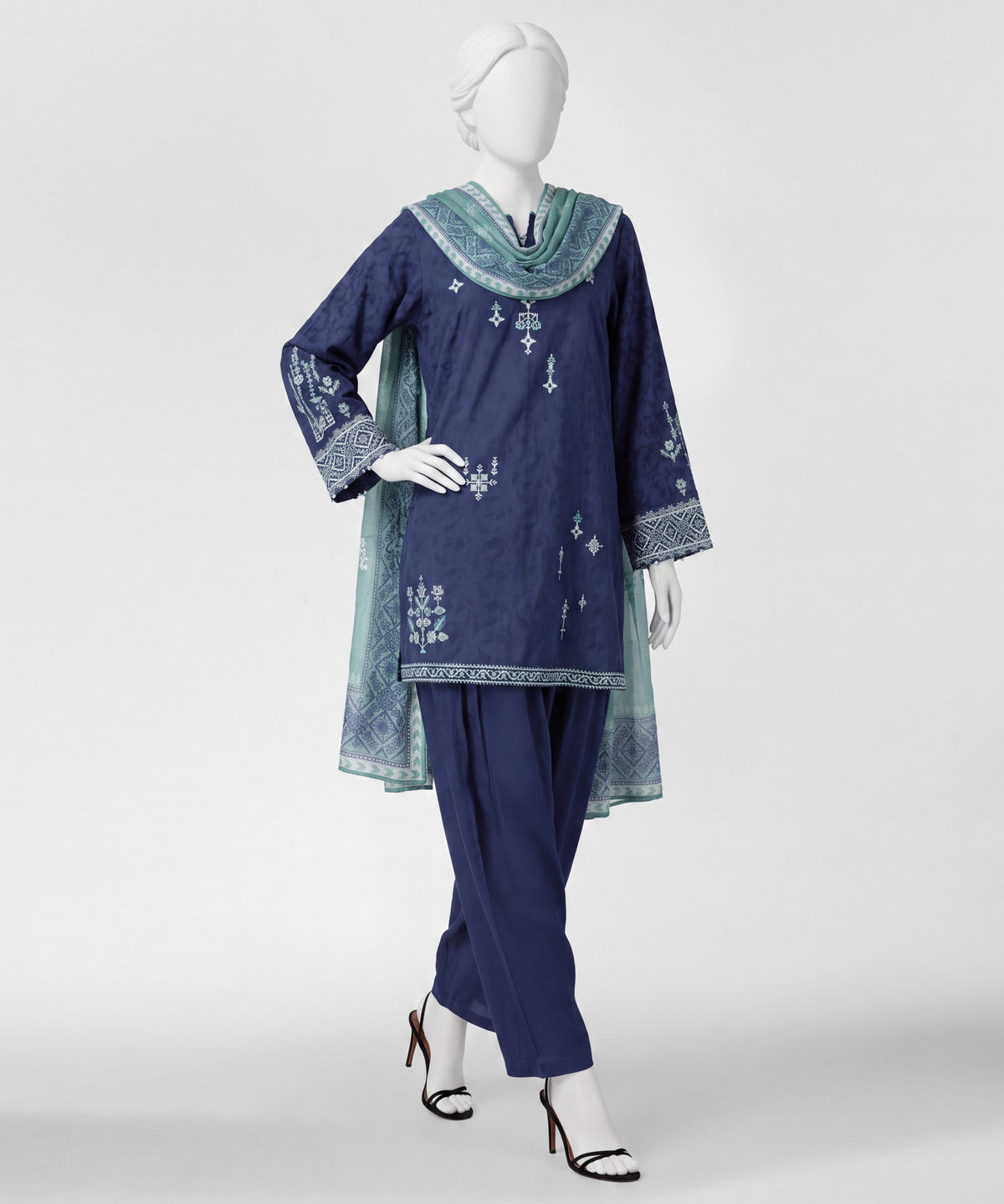 Blue Embroidered Jacquard Stitched 3Pc
