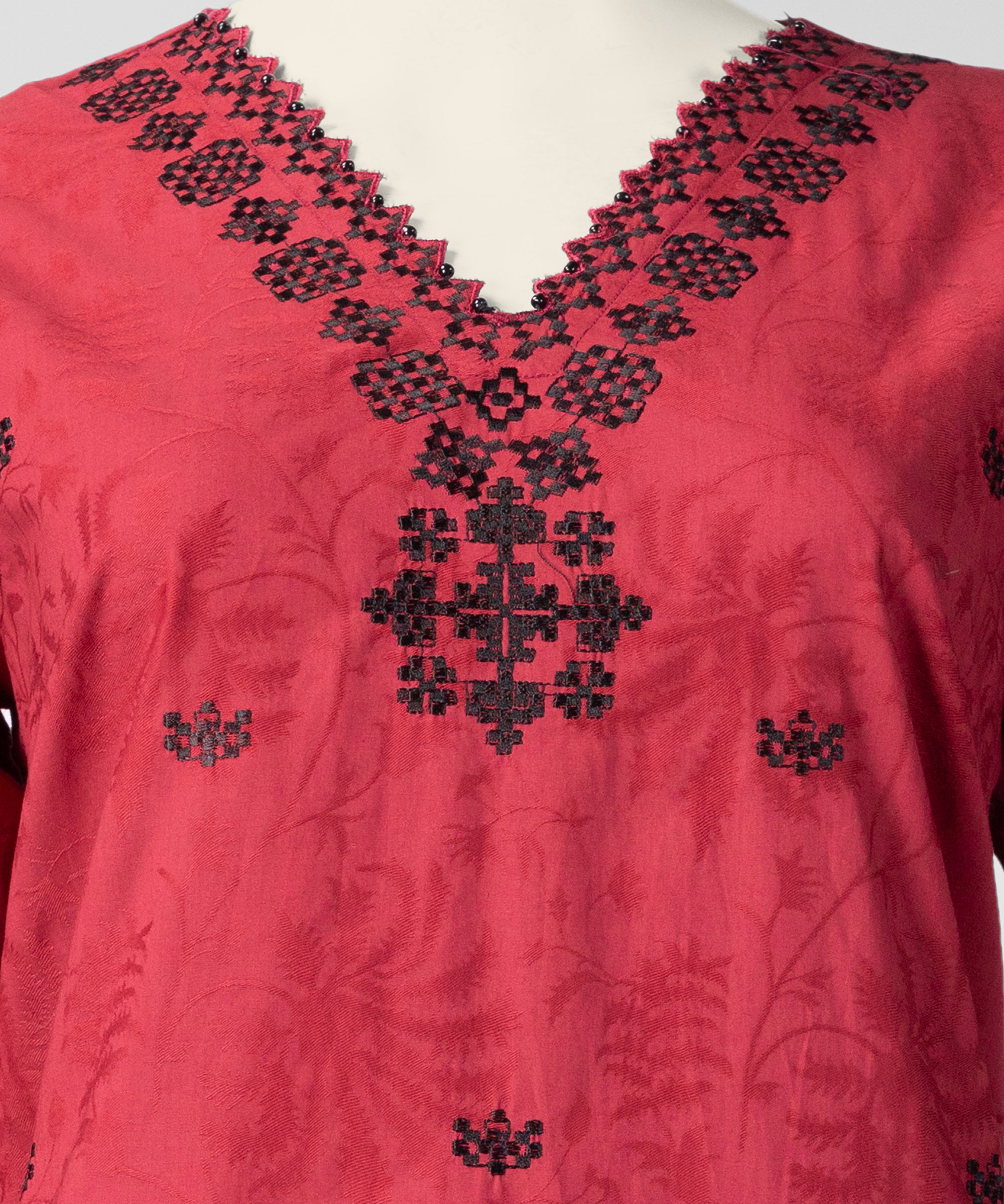 Red Embroidered Jacquard Stitched 3Pc