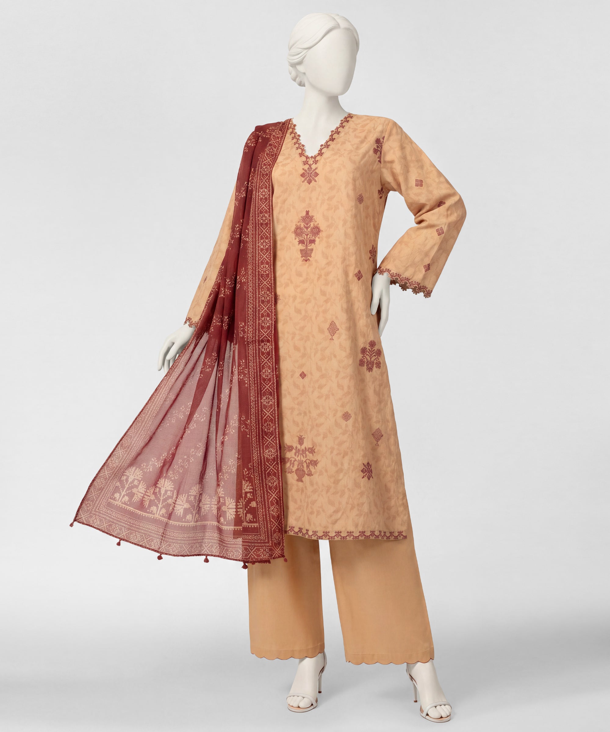 Coffee Embroidered Jacquard Stitched 3Pc