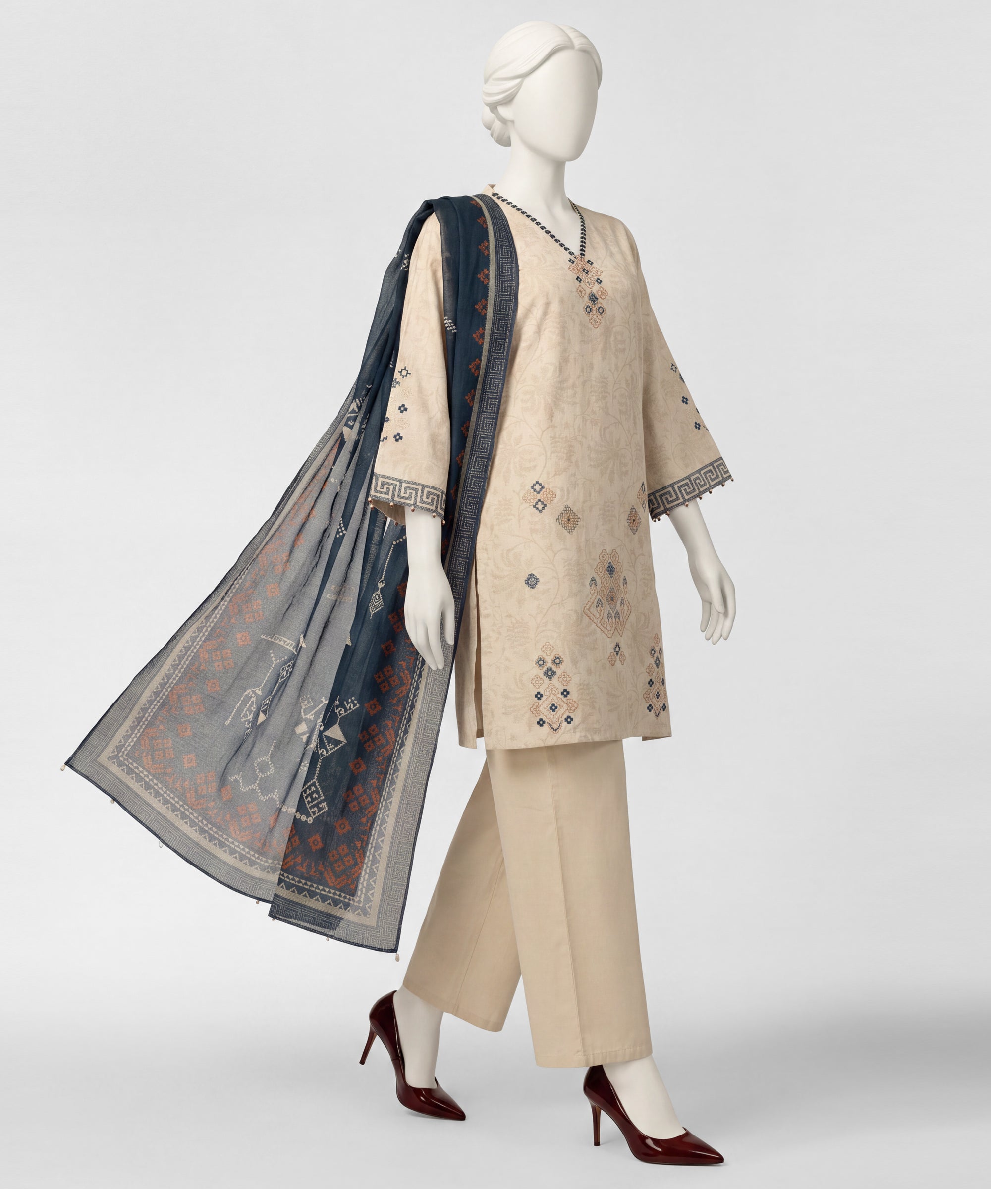 Beige Embroidered Jacquard Stitched 3Pc