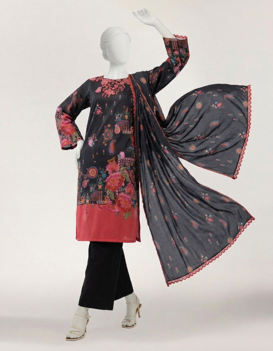 BLACK LAWN EMBROIDERED STITCHED 3PC
